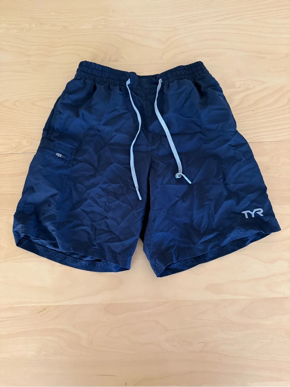 TYR Men's Navy Swim Trunks with Light Blue Drawstring
